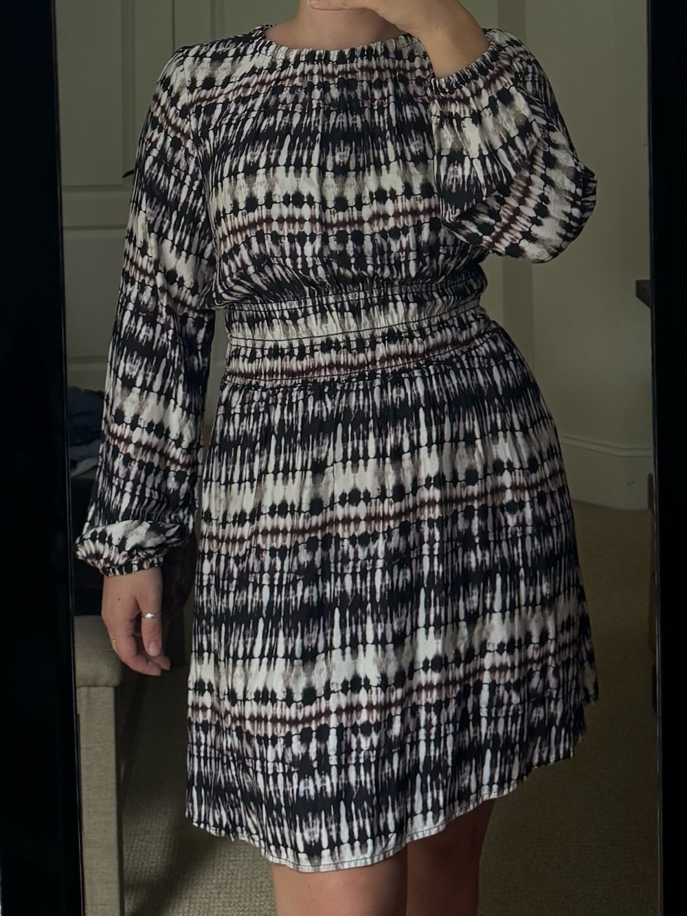 Bella Dahl Black & White Tie-Dye Long Sleeve Smocked Waist Dress